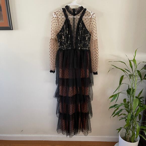 Giffniseti Dresses & Skirts - Giffniseti Chiffon Dress Womens Medium Black Nude Polka Dot Wednesday Adams Prom